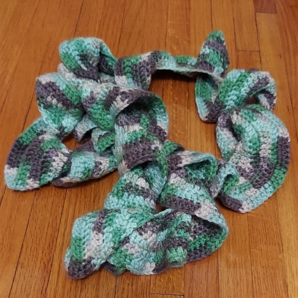 Handmade Crochet Scarf in Green and Gray